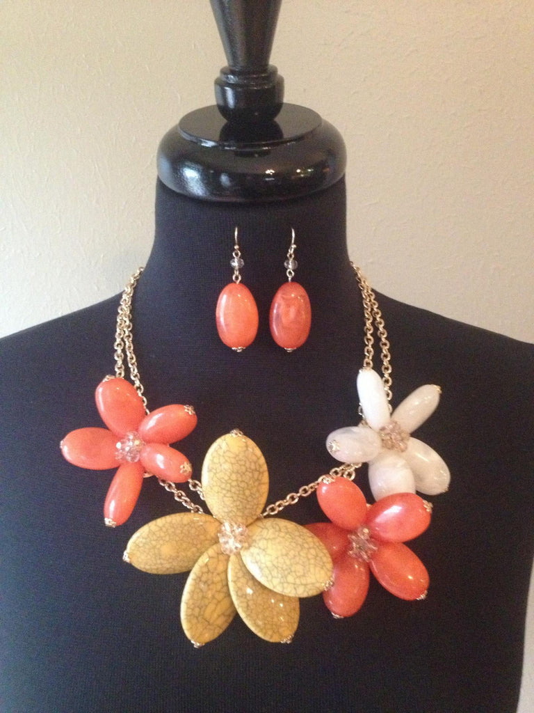 Coral, White & Yellow Big Flower Necklace w/Earrings