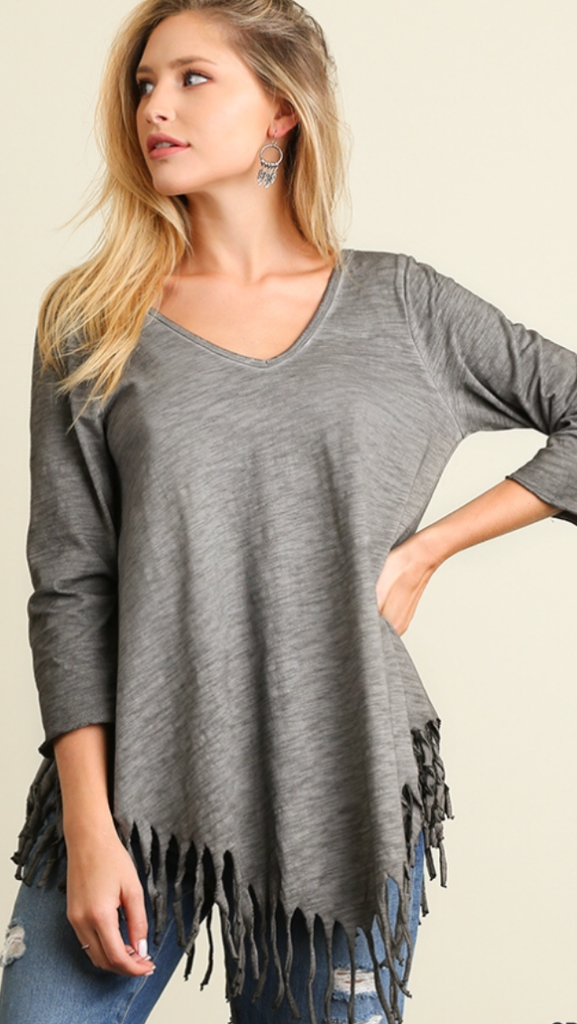 Double V neck with Fringe Top Grey