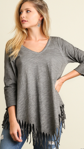 Double V neck with Fringe Top Grey