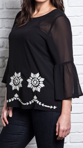 Floral Embroidered Bell Top Black