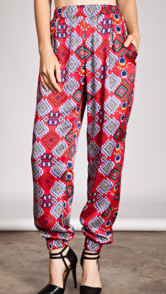High Waisted Harem Pant Gather Ankle Detail Cherry