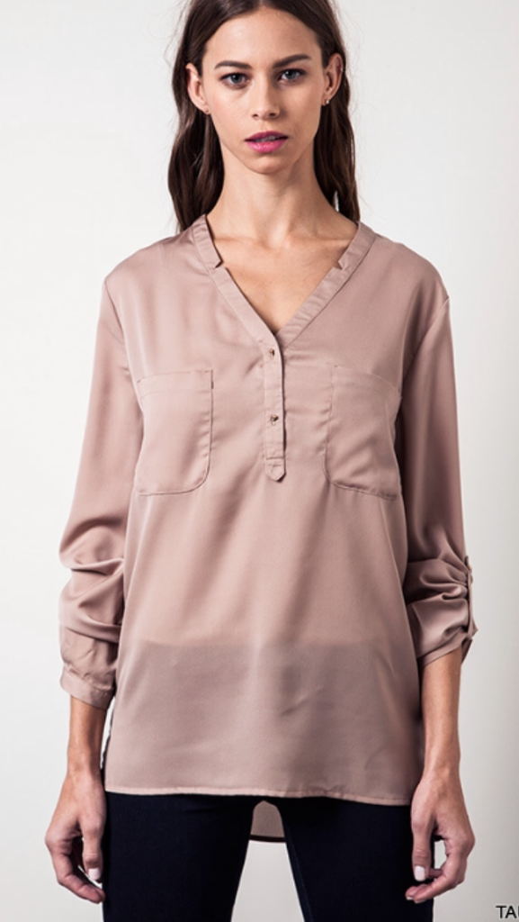 Flat Collared Blouse Taupe w/gold buttons