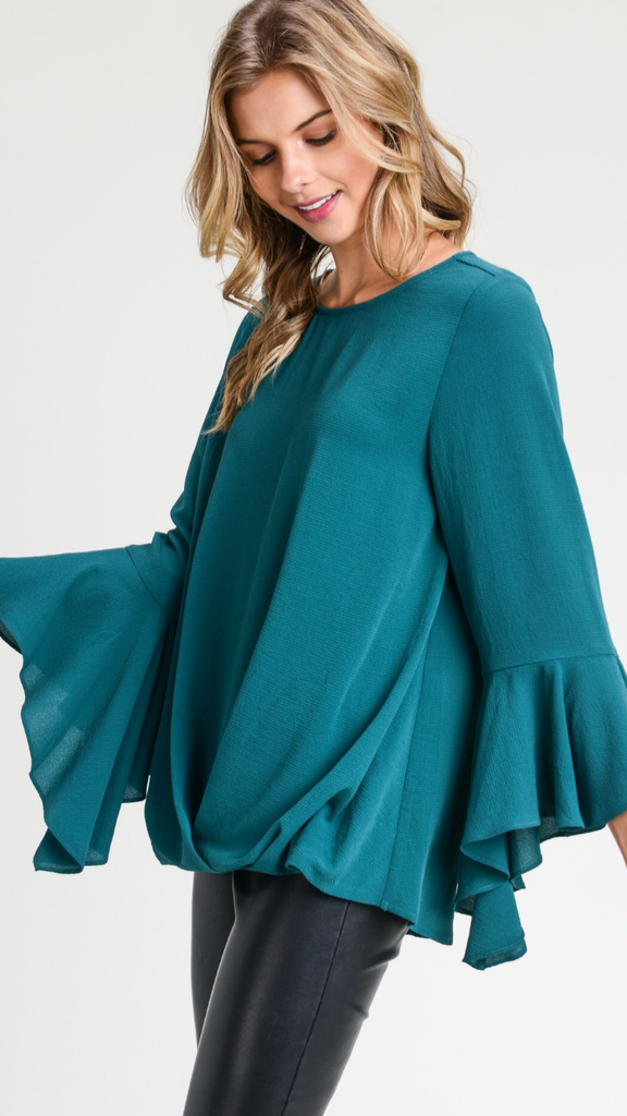 Hunter Green  Solid top with long high-low flare sleeves