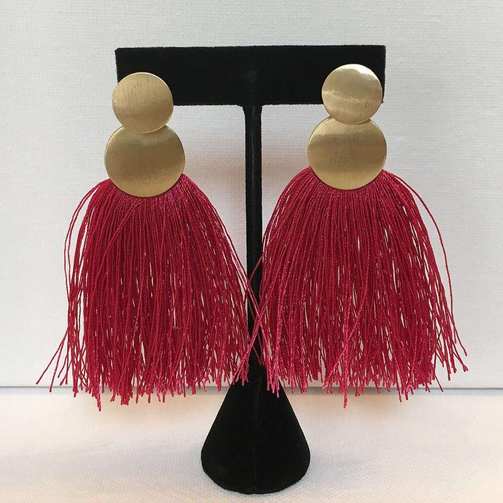 Two Gold Disk Fuchsia Tassel Earrings