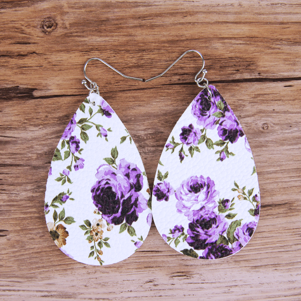 Floral Lavender Teardrop Leather Lightweight Earrings