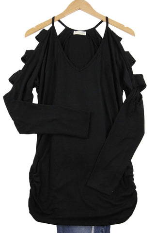 Black Solid Knit Long Sleeve Open Shoulder Top
