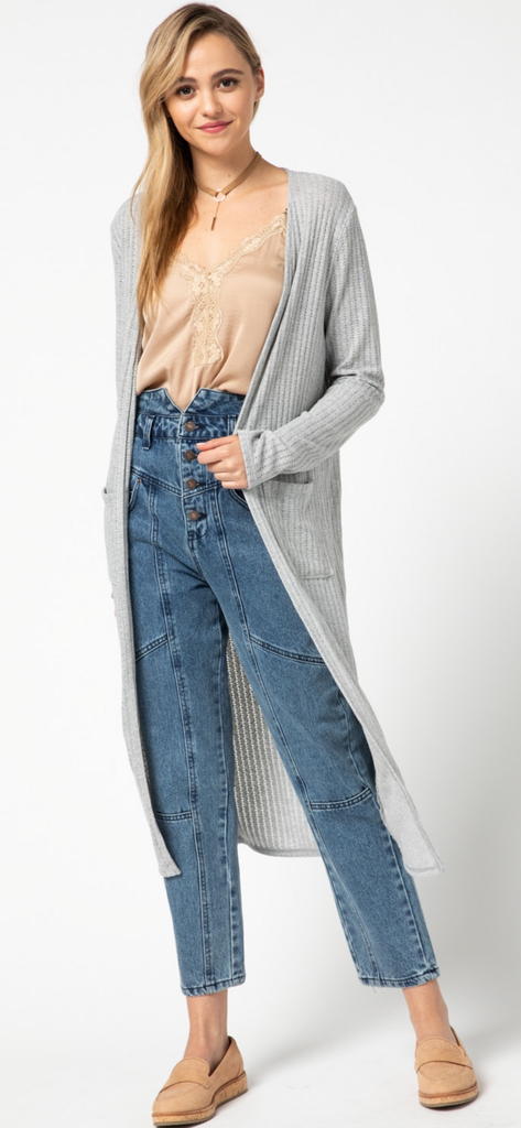 Bella Glitz - Solid open-knit duster cardigan Grey