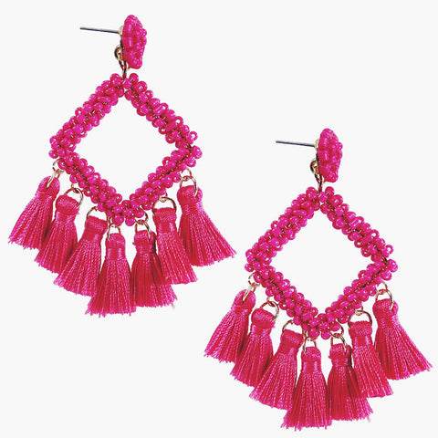 Hot Pink Diamond Beaded Tassel Earrings