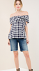Navy Plaid off-shoulder top featuring a knot detail at bust
