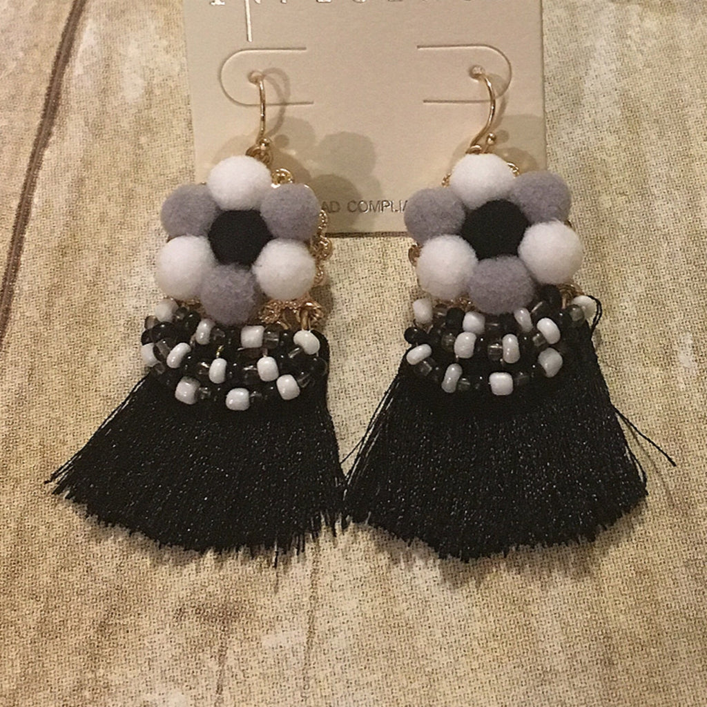 Black/White Tassel Beaded Earrings