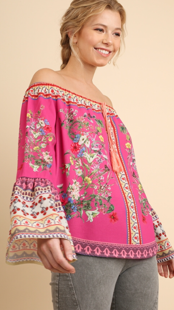 Off the Shoulder Floral Print Top w/Bell Sleeves Fushia