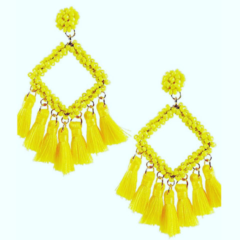 Yellow Diamond Beaded Tassel Earrings