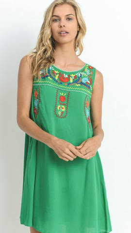 Kelly Green Embroidered Dress w/Pockets