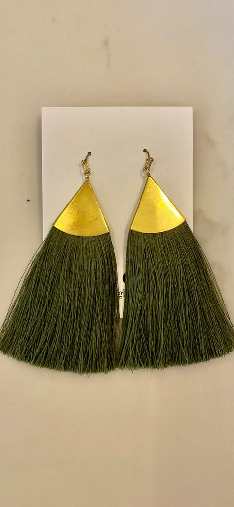 Olive Green Tassel Earrings w/Gold