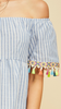 Blue Pinstripe off-shoulder top featuring tassel details at sleeve and hem
