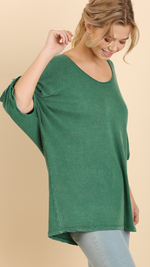 Mineral Washed Boat Neck Green w/Gathered Dolman Sleeves