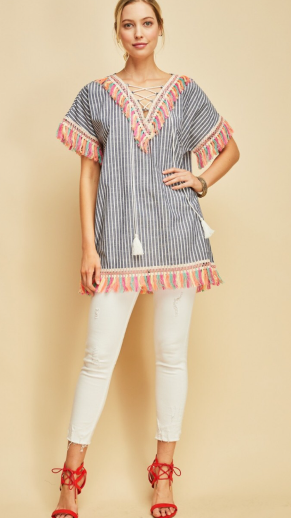 Navy Striped tunic top featuring lace-up closure at neckline