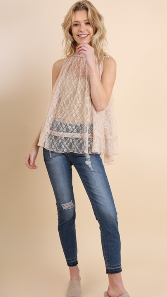 Taupe Lace High Neck Top