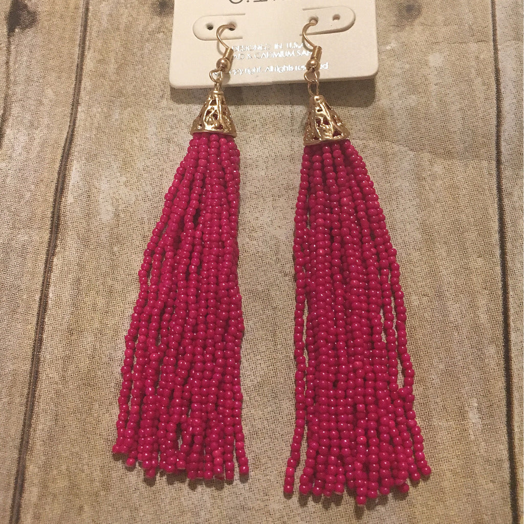 Hot Pink Tassel Earrings w/Gold Trim
