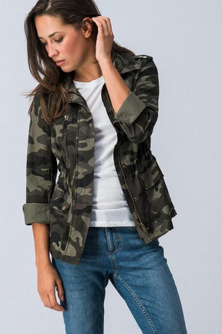 CAMO ZIP UP BUTTON DOWN LONG SLEEVE JACKET WITH POCKET